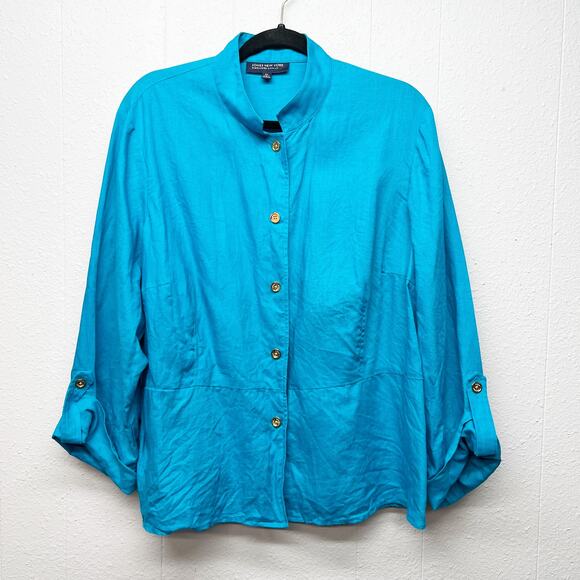Jones New York 100% Linen Turquoise Jacket 2X Coastal Beachy Lagenlook Nautical - Picture 1 of 12